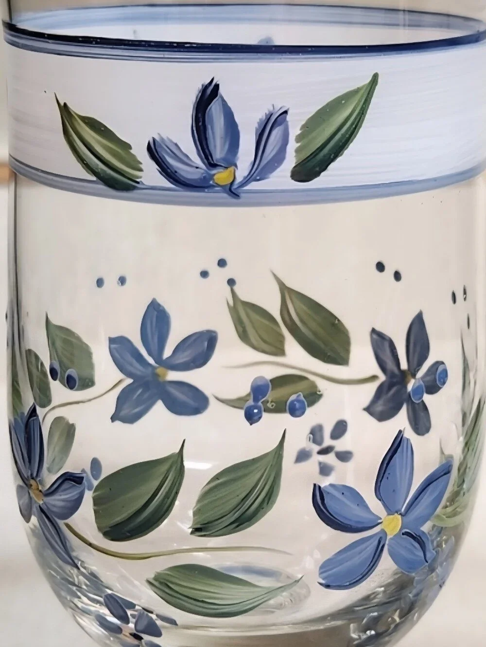 Vintage Hand Painted Blue Floral Glass Goblets Set of 3 Summer Breeze Style